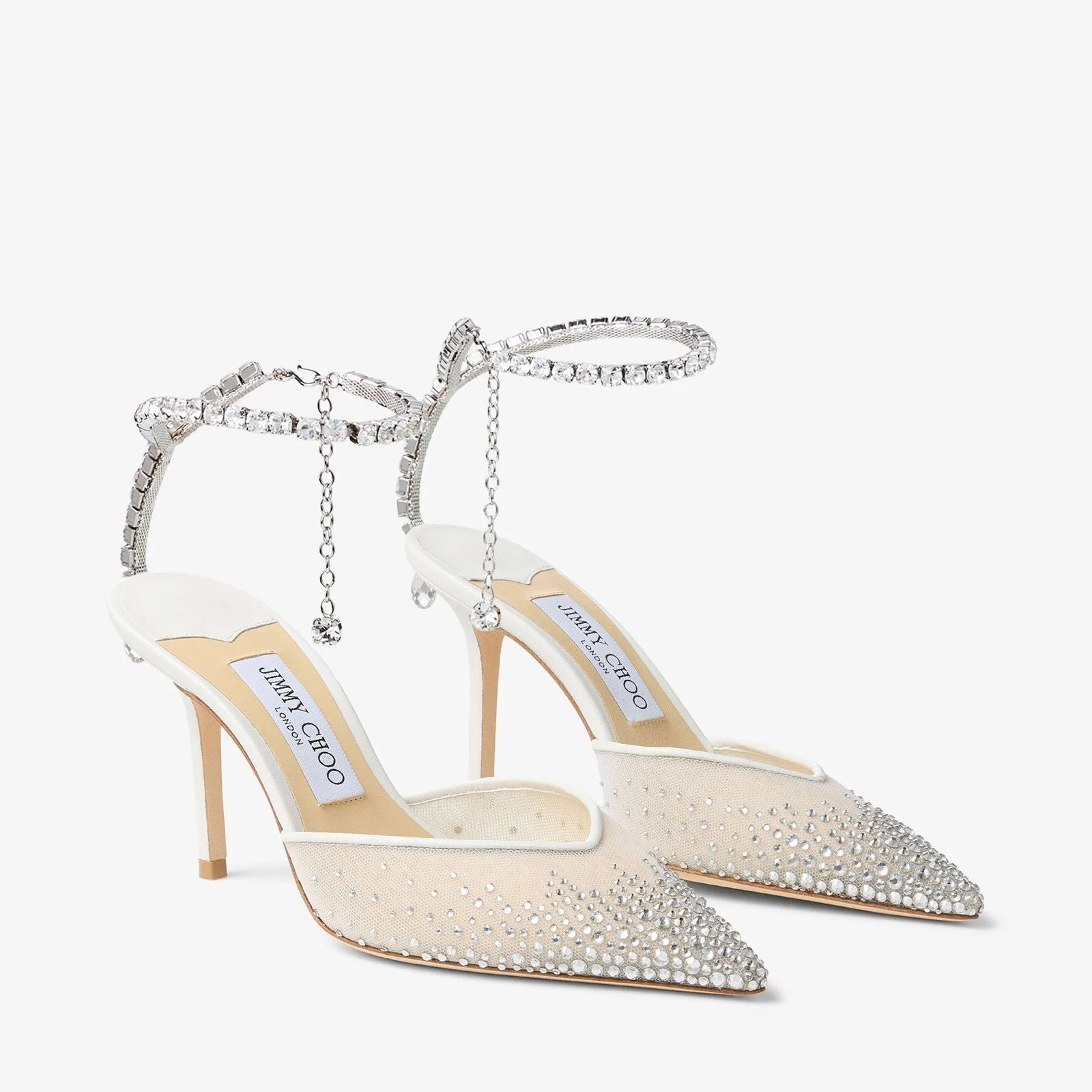 JIMMY CHOO SAEDA 100 CRYSTAL MESH PUMPS – Women Heels (White Silver)